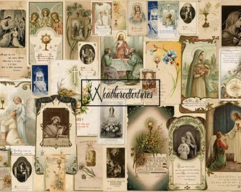 Könnte beinhalten: Eine Collage aus alten religiösen Bildern mit Engeln, Heiligen und religiösen Symbolen. Die Bilder sind in verschiedenen Stilen und Farben gehalten, einige haben Text in Latein und Englisch.