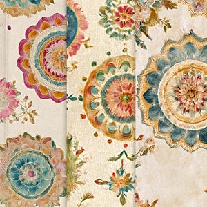 May include: A seamless pattern featuring intricate floral designs in shades of blue, red, yellow, and white. The pattern is reminiscent of traditional Indian or Persian textiles.