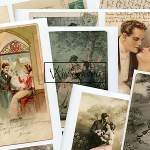 Français Couples Lovers Digital Download, Cartes postales vintage, Téléchargement numérique Couples Lovers, Cartes de journalisation, Kit 17