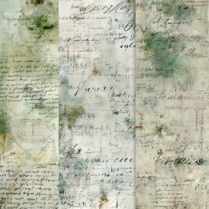 Op de afbeelding: Een collage van drie verticale panelen met verouderde papiertinten en handgeschreven script. De achtergrond heeft een vervaagde, verweerde uitstraling met gedempte groen- en off-white tinten. Het script is in zwarte inkt, wat een vintage esthetiek toevoegt.