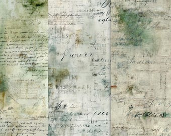 May include: A collage of three vertical panels featuring aged paper textures and handwritten script. The background has a faded, distressed appearance with muted greens and off-white tones. The script is in black ink, adding a vintage aesthetic.