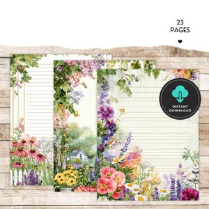 May include: A set of three floral-themed stationery pages with lined paper. The pages feature watercolor illustrations of various flowers, including pink coneflowers, daisies, and purple blooms, with a small house in the background. The text "23 PAGES" and "INSTANT DOWNLOAD" are also visible.
