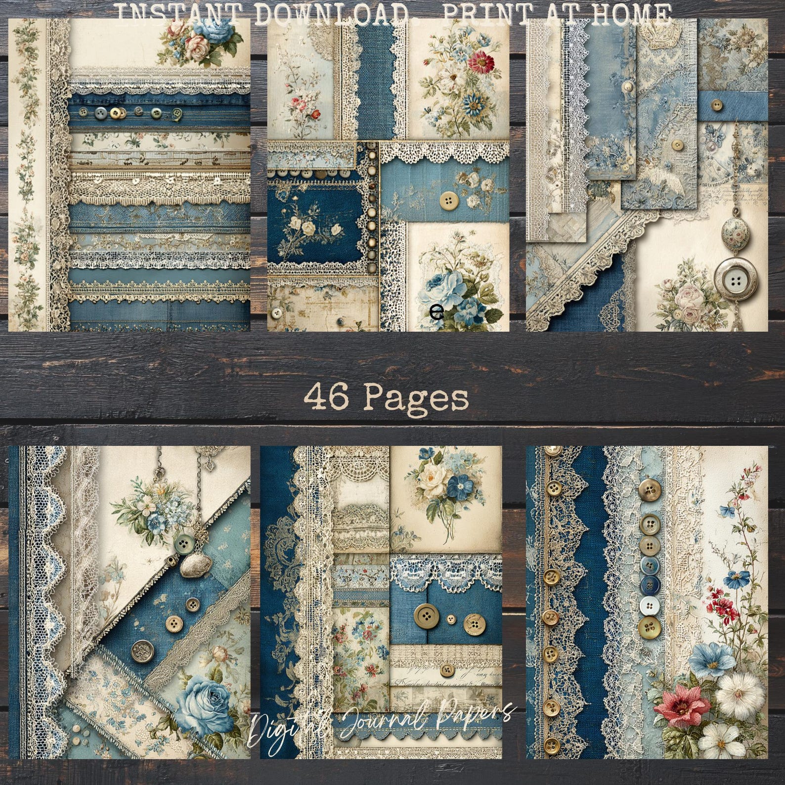 Vintage Denim Patchwork Digital Paper Pack, Shabby Chic Lace Junk ...