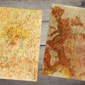 Peut inclure: Deux cartes anciennes avec un aspect d&eacute;lav&eacute;, jauni et textur&eacute;. Les cartes sont imprim&eacute;es sur du papier et montrent des caract&eacute;ristiques g&eacute;ographiques en brun, orange et jaune.