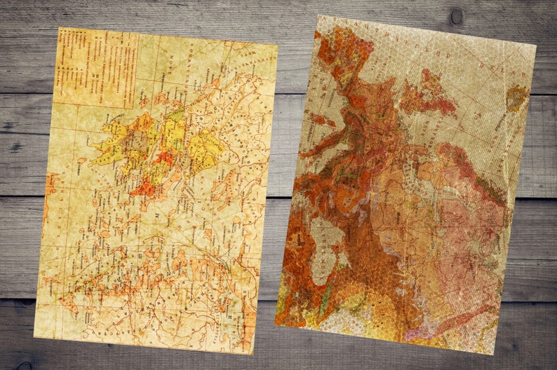 Peut inclure: Deux cartes anciennes avec un aspect d&eacute;lav&eacute;, jauni et textur&eacute;. Les cartes sont imprim&eacute;es sur du papier et montrent des caract&eacute;ristiques g&eacute;ographiques en brun, orange et jaune.