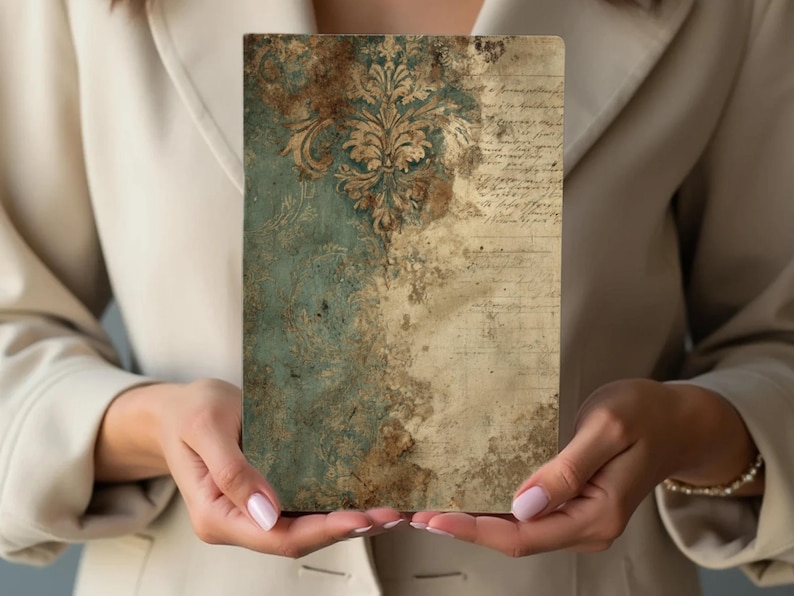 May include: A rectangular, vintage-style journal with a distressed teal and beige design. The top half features a gold floral pattern, while the bottom half has aged script. The journal is held in front of a neutral background.