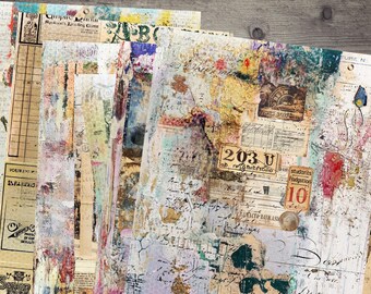 May include: A collage of vintage papers featuring handwritten text, numbers, and faded images. The papers are layered and distressed, creating a textured and aged appearance. The colours are muted and earthy, with shades of brown, beige, and blue.