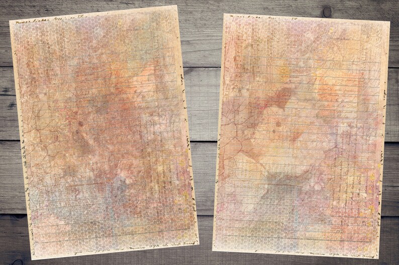 Op de afbeelding: Twee vellen textuurpapier met een rasterpatroon en vervaagde aquarelwas in tinten roze, oranje en geel. Het papier heeft een vintage uitstraling en gevoel.