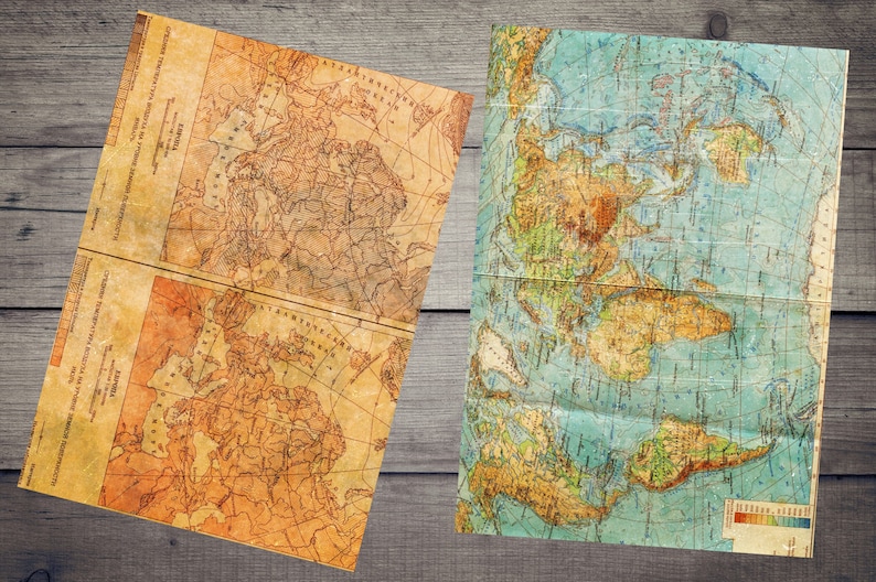 Peut inclure: Deux cartes du monde vintage, l'une avec une palette de couleurs brunes et jaunes et l'autre avec une palette de couleurs bleues et vertes. Les deux cartes sont pli&eacute;es et ont un aspect us&eacute; et vieilli.