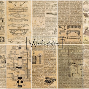 May include: A vintage, black and white, illustrated page with diagrams of various mechanical and structural designs. The page is filled with text and drawings, including a steam engine, bridges, and roof structures. The text includes the words "Weathercdtextures" and "PEOPLE".