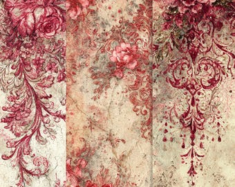 Rote Rosen Damast-Papier | Vintage Shabby Chic Junk Journal (PDF)