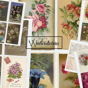 Cartes postales florales, cartes postales vintage françaises, cartes postales de fleurs, images vintage imprimables - fournitures pour journaux indésirables - téléchargement immédiat