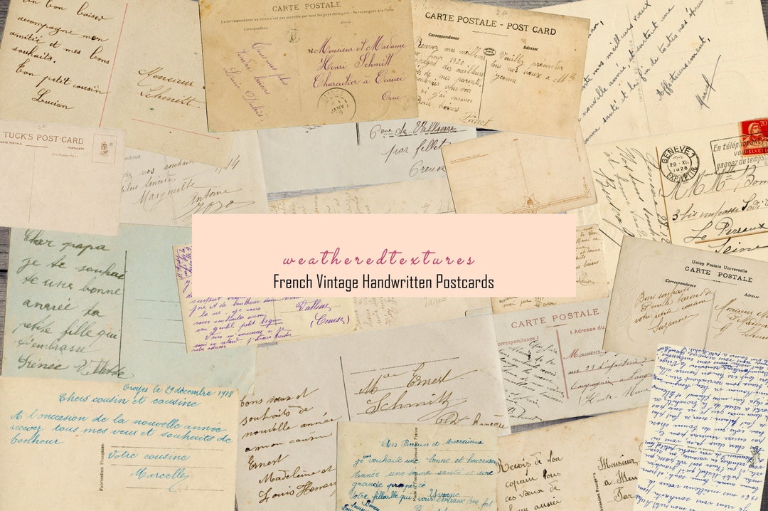 Vintage Postcards' Back in French, 20 Handwritten French Letters Digitals, Handwritten Messages