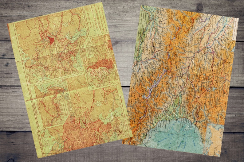 Peut inclure: Deux cartes anciennes, l'une avec un fond jauni et des lignes rouges, l'autre avec un fond brun et des lignes bleues. Les deux cartes montrent des d&eacute;tails g&eacute;ographiques.