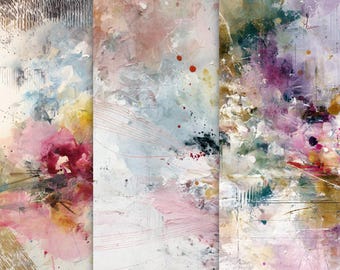 Peut inclure: Triptyque d'art abstrait. L'œuvre présente un mélange de teintes roses, bleues, jaunes et blanches avec des coups de pinceau texturés et des éclaboussures. La composition est divisée en trois panneaux verticaux.