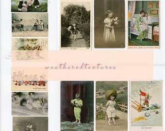 Vintage Girl Postcard, German Kids Postcards, Children Postcards, Antique postcards set, Ephemera for Junk Journal, Handwritten Postcards