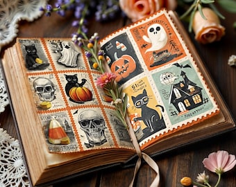 Könnte beinhalten: Ein offenes Vintage-Buch mit Halloween-Briefmarken. Die Briefmarken zeigen eine schwarze Katze, einen Totenkopf, einen Kürbis, einen Geist und ein Spukhaus. Das Buch ist mit Blumen und einem Band verziert.