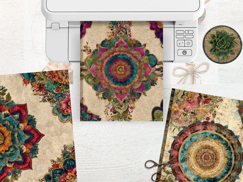 K&ouml;nnte beinhalten: Gedruckte Kunstwerke mit einem zentralen Mandala-Design in T&uuml;rkis, Rosa und Goldt&ouml;nen. Das Kunstwerk ist von floralen Mustern umgeben und wird zusammen mit anderen Drucken, einer Sukkulente und einem Drucker pr&auml;sentiert.