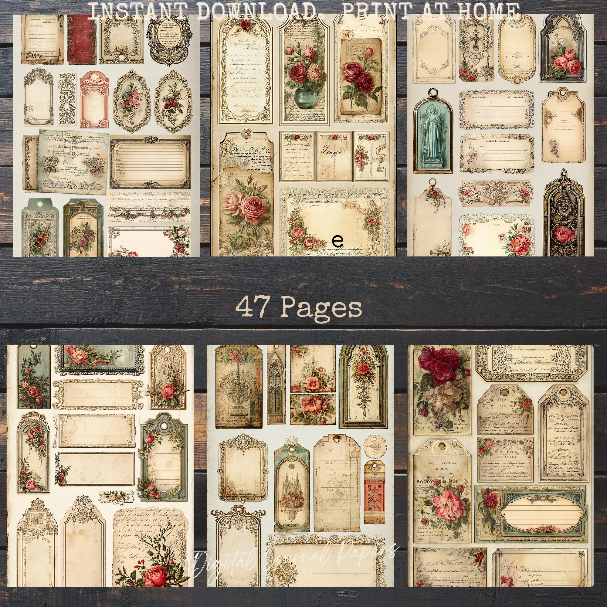 Vintage Junk Journal Tags Ephemera Kit, Shabby Chic Scrapbook Elements ...