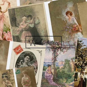 Conjunto de cartões postais femininos vintage, pacote de coisas efêmeras do Junk Journal, imagens de fotos femininas, download digital instantâneo, coisas efêmeras francesas