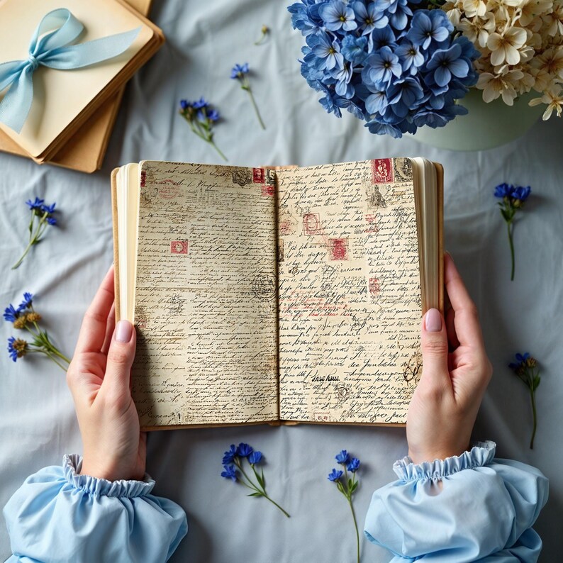 Pu&ograve; includere: Un diario aperto in stile vintage con scritte a mano e illustrazioni di francobolli. Il diario &egrave; circondato da fiori blu e un bouquet di ortensie blu e bianche. Sullo sfondo, una pila di buste beige con un nastro blu.