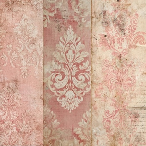 Può includere: Un design di carta da parati in stile vintage con tre pannelli verticali. I pannelli presentano un aspetto invecchiato e strutturato con una palette di colori rosa e crema. Il design include motivi floreali ornati e ripetuti.
