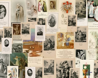 Könnte beinhalten: Eine Collage aus alten religiösen Bildern, darunter Heilige, religiöse Figuren und Szenen aus der Bibel. Die Bilder sind auf Papier gedruckt und haben einen verblassten, antiken Look. Einige der Bilder sind in Schwarzweiß, während andere farbig sind. Die Bilder sind in einem zufälligen Muster angeordnet, was ein visuell interessantes und vielseitiges Display ergibt.