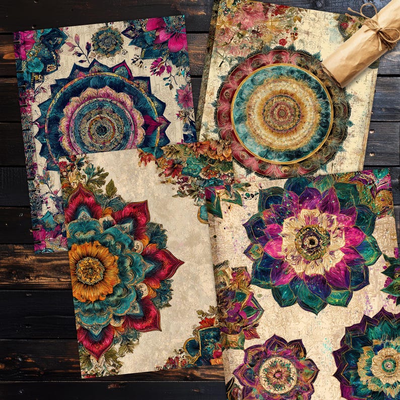 K&ouml;nnte beinhalten: Eine Sammlung dekorativer Kunstdrucke mit aufwendigen Mandala-Designs in leuchtenden Farben. Die Drucke zeigen eine Mischung aus floralen und geometrischen Mustern mit einem Vintage-Look. Die Farbpalette umfasst Blau-, Rosa-, Orange- und Gr&uuml;nt&ouml;ne.
