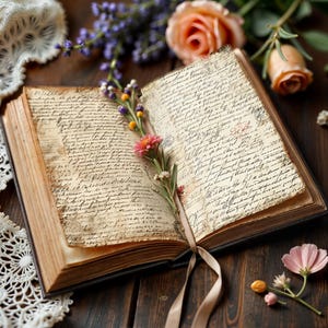 Pu&ograve; includere: Un libro antico aperto con pagine manoscritte. Un rametto di fiori con fiori rosa e gialli poggia tra le pagine. Una rosa color pesca e altri fiori sono sullo sfondo. Il libro &egrave; su una superficie di legno scuro.