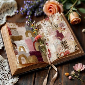 May include: An open antique book with colorful abstract art on its pages. The artwork features brushstrokes in shades of gold, pink, and burgundy. A pink flower and sprigs of lavender and other flowers are placed on the pages. A beige ribbon is tied around the book.