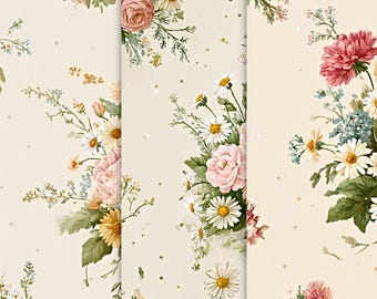 May include: Floral pattern featuring watercolor illustrations of roses, daisies, and other wildflowers in shades of pink, white, and yellow. The design is set against a cream-colored background with small gold dots, creating a vintage aesthetic.