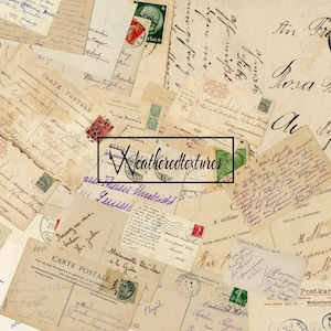 Handwritten Postcard Vintage Printable Ephemera, French Digital Download, 40 Retro Postcards for Scrapbooking & Crafts