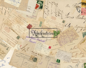 Handwritten Postcard Vintage Printable Ephemera, French Digital Download, 40 Retro Postcards for Scrapbooking & Crafts