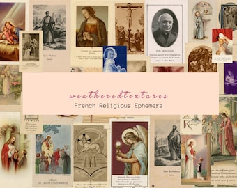 Könnte beinhalten: Eine Collage aus alten französischen religiösen Ephemera mit Bildern von Heiligen, religiösen Figuren und Szenen aus der Bibel. Die Bilder sind auf Papierkarten mit verblassten Farben und abgenutzten Rändern gedruckt, was ihnen ein Vintage-Ästhetik verleiht.