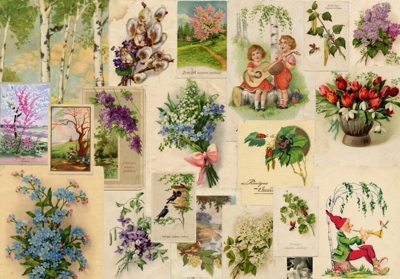 Vintage Postcards Digital Pack, Junk Journal Ephemera, Spring Postcards Digital Download image 2