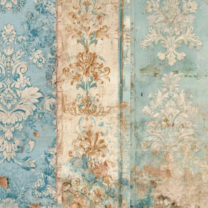 May include: Distressed wallpaper design featuring sections of light blue and cream colors. The light blue sections display white floral patterns. The cream section has a brown floral pattern. The wallpaper has a vintage, aged appearance.
