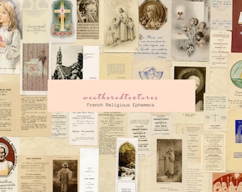 Könnte beinhalten: Eine Collage aus vintage französischem religiösem Ephemera, darunter Bilder von Heiligen, Kirchen und religiösen Texten. Das Ephemera ist in verschiedenen Brauntönen, Creme und Blau gehalten, mit einigen Texten in Schwarz und Rot. Das Ephemera ist abgenutzt und verblasst, was ihm einen Vintage-Look verleiht.