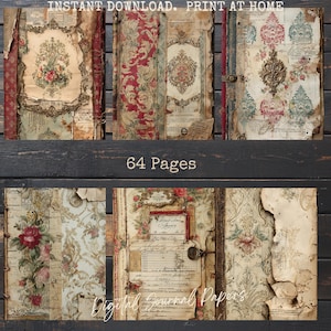 May include: A collection of vintage-style digital journal papers. The papers feature floral and damask patterns in shades of red, cream, and blue. The image includes text that reads "Instant Download. Print at Home", "64 Pages", and "Digital Journal Papers".