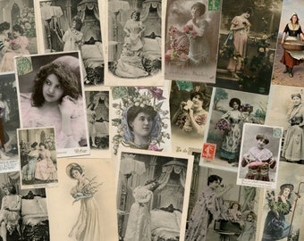 Vintage French Woman Postcards: Junk Journal Ephemera (Digital Download A4 Size)