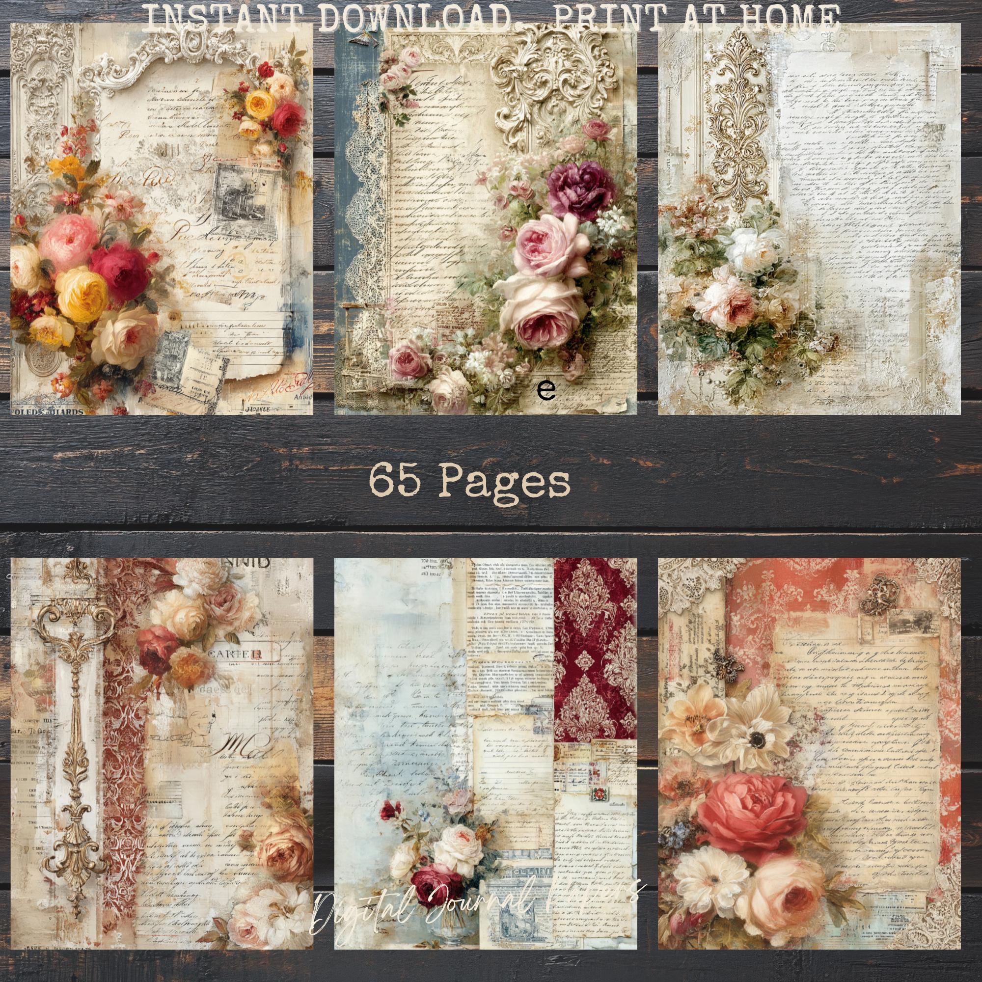 Vintage Floral Junk Journal Kit, Shabby Chic Digital Paper Pack (65 ...