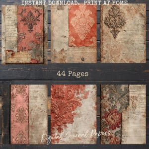 May include: Digital journal papers with a vintage aesthetic. The papers feature distressed textures, faded colours, and ornate damask patterns in shades of red, brown, and cream. The text "INSTANT DOWNLOAD. PRINT AT HOME" and "44 Pages" are visible.