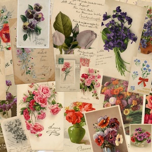 Antique French Postcards, Vintage floral postcards, Flowers postcards, Printable Vintage Pictures - Junk Journal Supplies - Instant Download