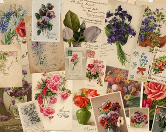 Vintage French Floral Postcards: Junk Journal Ephemera (Digital Download A4 Sheets)