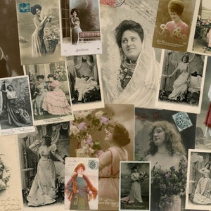 Wydrukowane francuskie pocztówki Vintage Women Ephemera, Junk Journal Antique Portraits Digital Download, Vintage French Woman Images