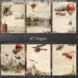 Peut inclure: Un journal numérique avec des illustrations de style vintage. Les pages présentent des images de montgolfières, d'avions et d'insectes, avec du texte manuscrit et les mots "Instant Download Print at Home". Le journal compte 47 pages.