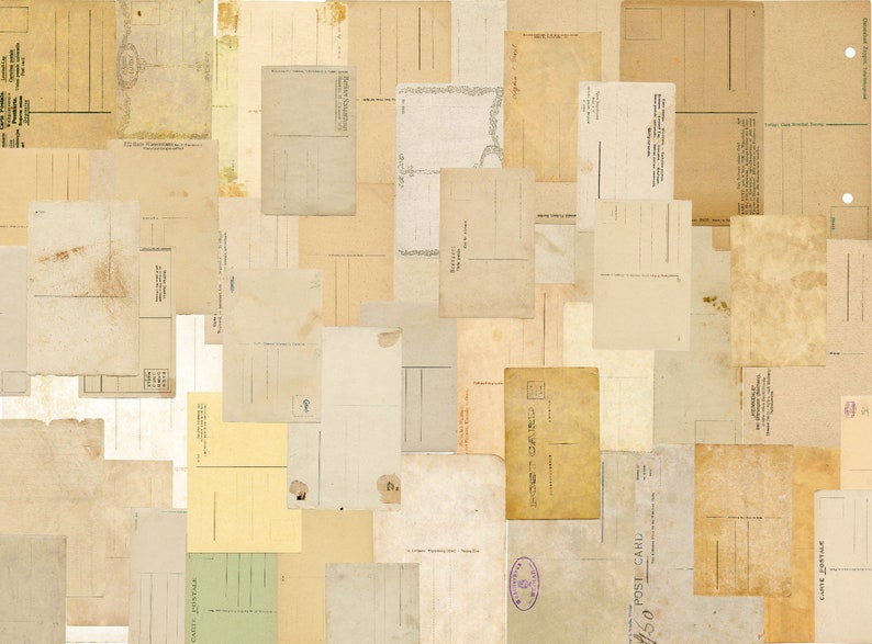 May include: A collection of vintage postcards, all in various shades of beige and cream, with some showing signs of age and wear. The postcards are arranged in a random pattern, creating a textured background.