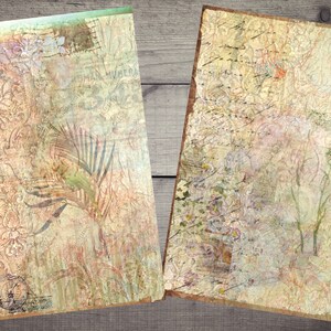 K&ouml;nnte beinhalten: Zwei Vintage-Papiertexturen mit verblassten Blumenmustern und Text. Die linke Seite zeigt ein gr&uuml;nes und braunes Blattdesign. Die rechte Seite hat ein dezenteres Blumenmuster mit einem hellrosa Farbton.