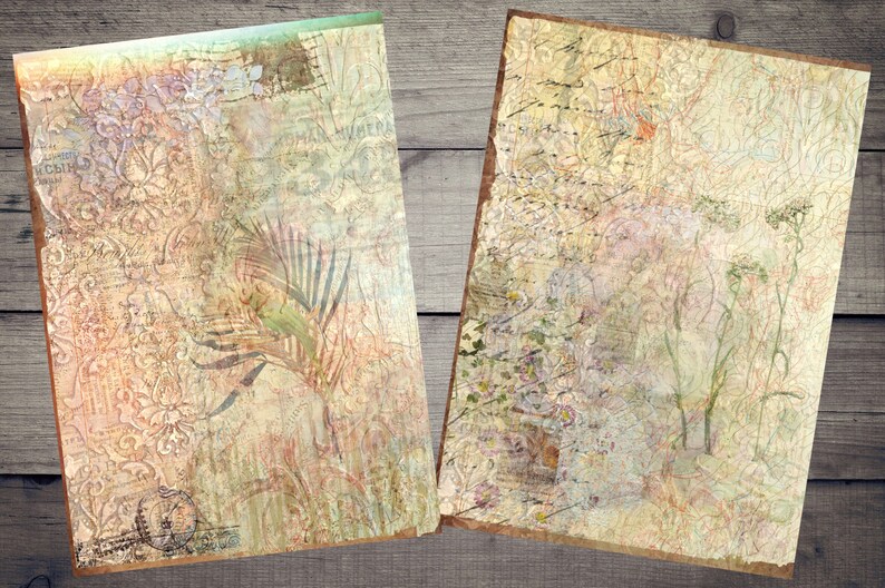 K&ouml;nnte beinhalten: Zwei Vintage-Papiertexturen mit verblassten Blumenmustern und Text. Die linke Seite zeigt ein gr&uuml;nes und braunes Blattdesign. Die rechte Seite hat ein dezenteres Blumenmuster mit einem hellrosa Farbton.