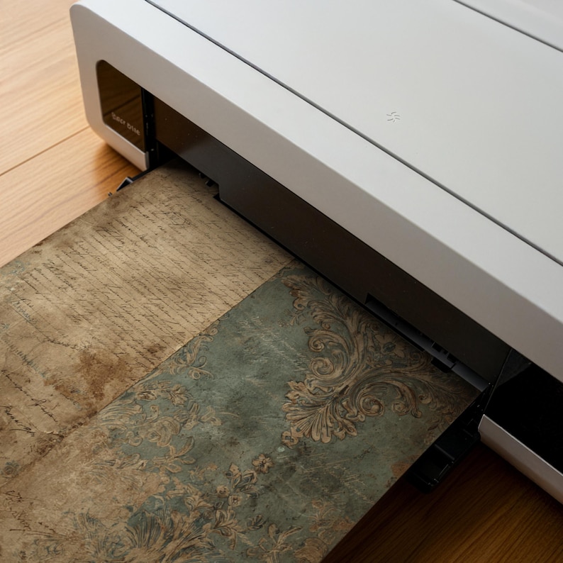 May include: A white printer printing a sheet of paper with a vintage design. The paper has a section with faded script and another with a teal and gold floral pattern. The printer is on a wooden surface.