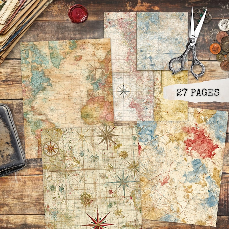 Vintage Maps Digital Paper: 27 Printable Scrapbook & Journal Pages ...
